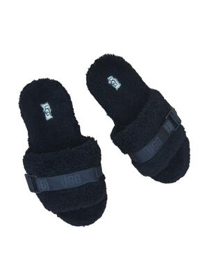 UGG Black Plush Logo Strap Platform Slide Slippers - Women's Size 9